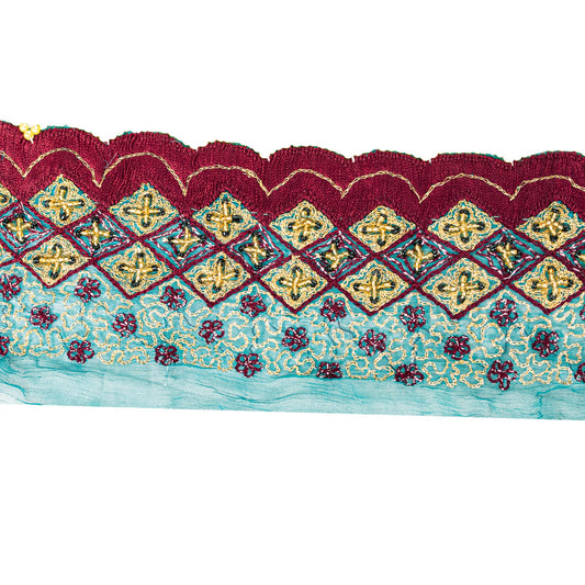 SANSKRITI VINTAGE SARI BORDER HAND BEADED CRAFT 1 YD TRIMS LACE 2'W GREEN MAROON