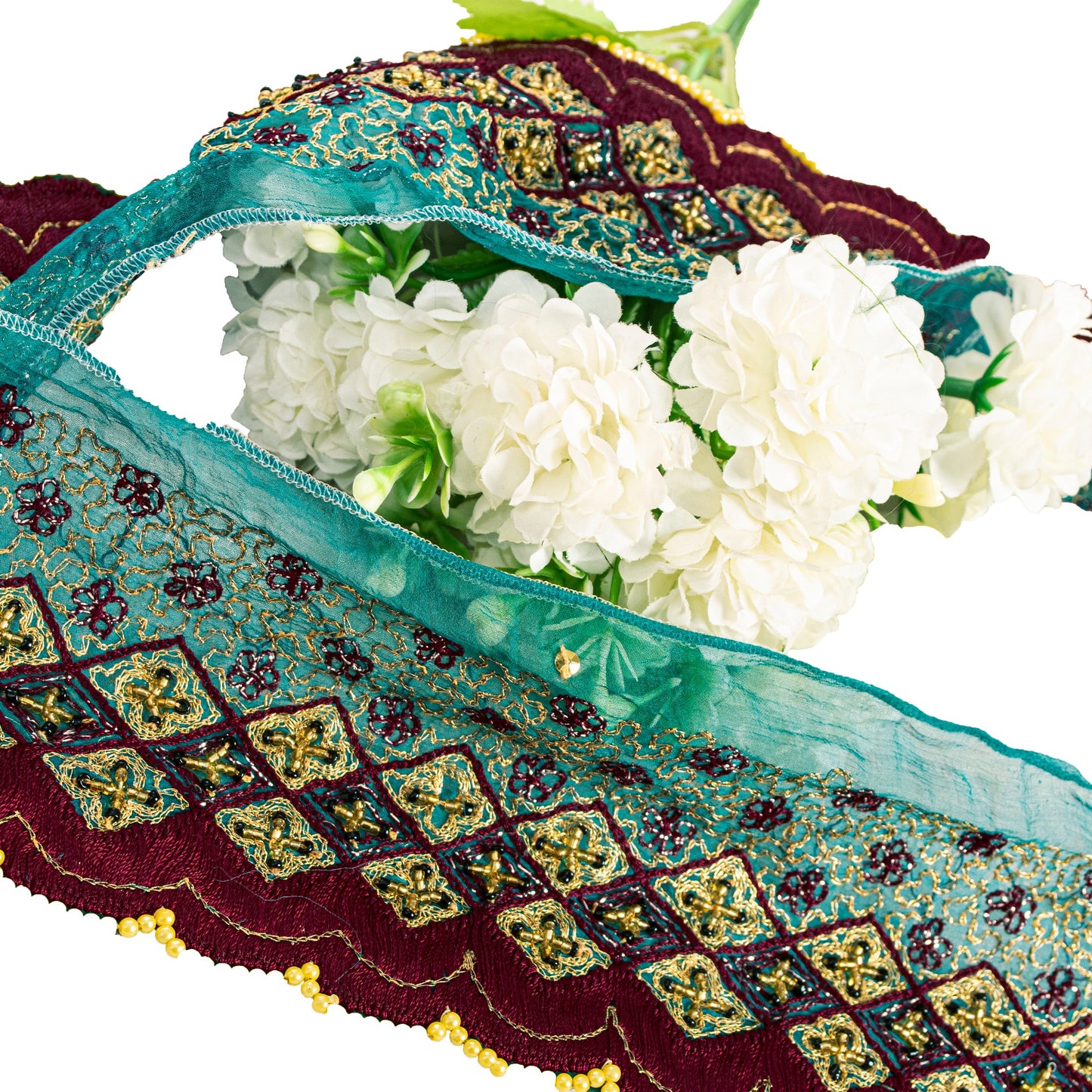 SANSKRITI VINTAGE SARI BORDER HAND BEADED CRAFT 1 YD TRIMS LACE 2'W GREEN MAROON