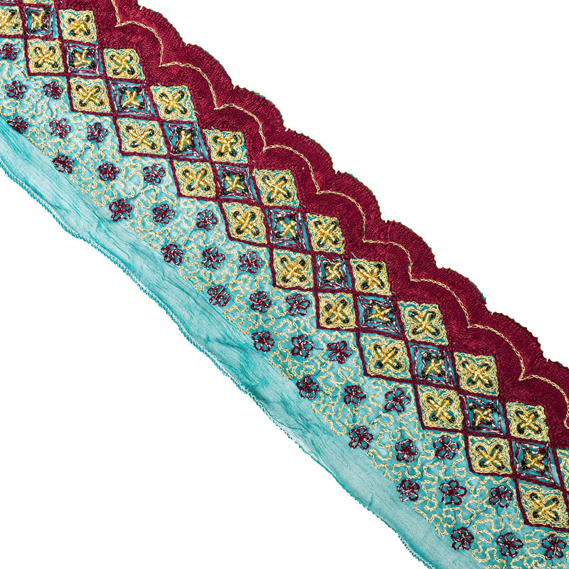 Sanskriti Vintage Saree Border Green & Maroon Hand Beaded Craft 1 Yd Sarees Trims Lace 2'W Georgette Sari Ribbon upholstery fabric