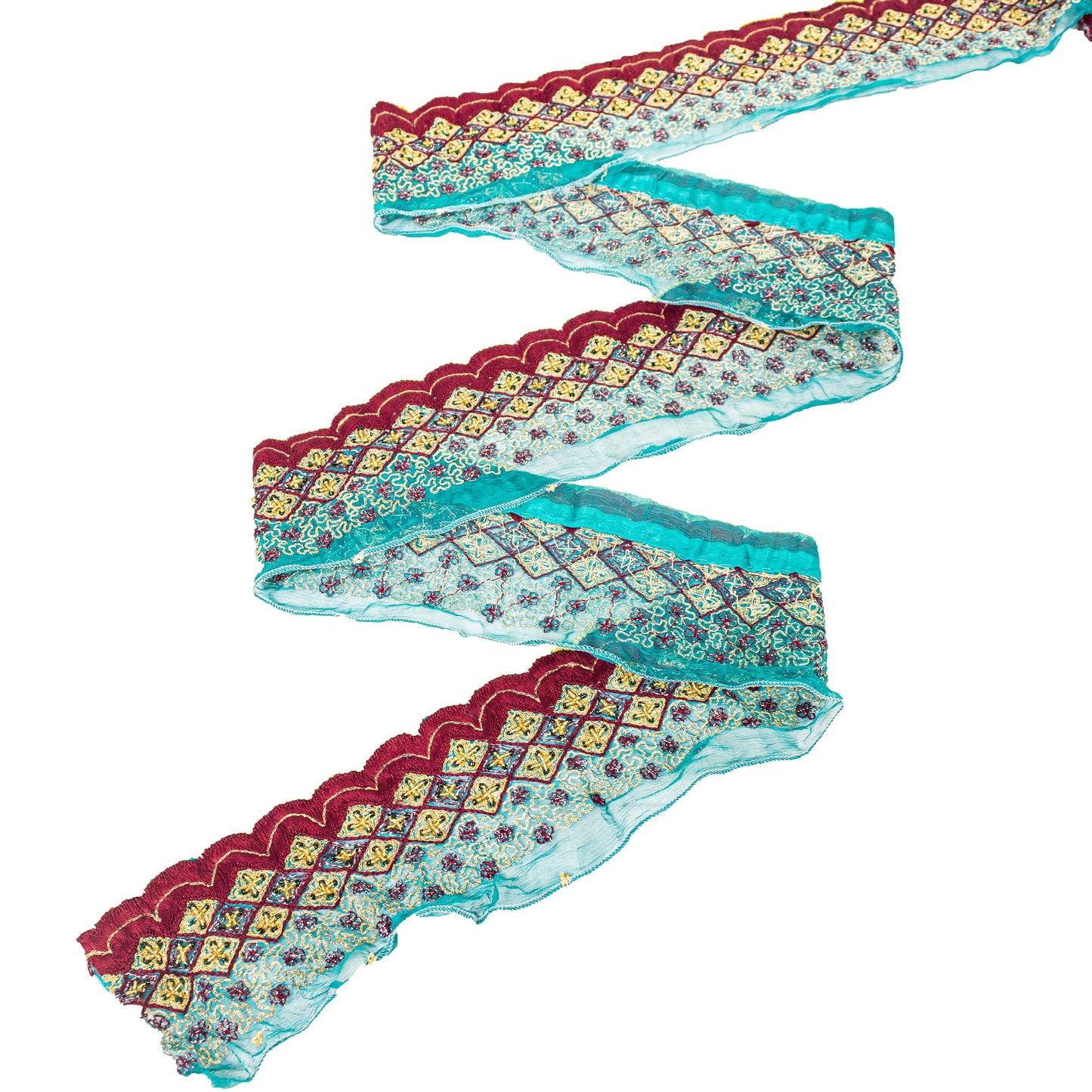 SANSKRITI VINTAGE SARI BORDER HAND BEADED CRAFT 1 YD TRIMS LACE 2'W GREEN MAROON