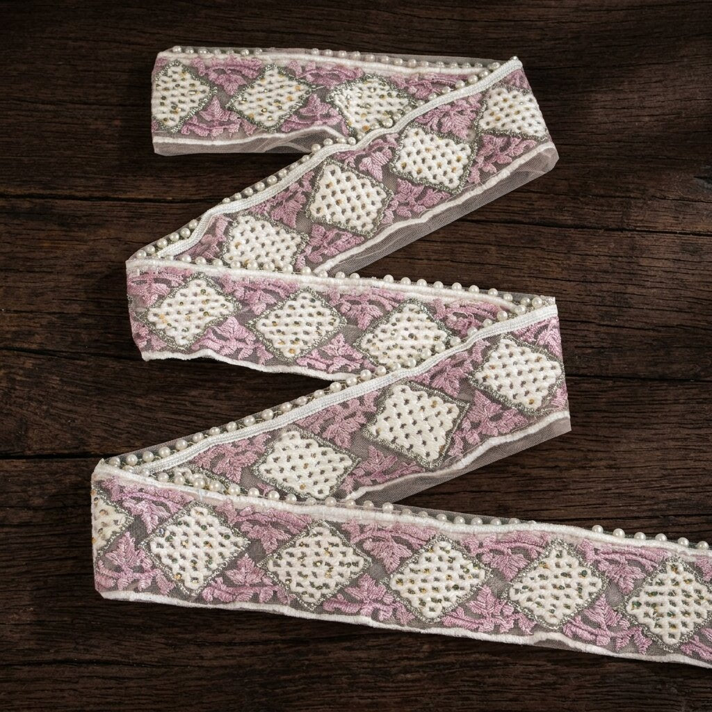 Sanskriti Vintage Pink -Net 1 YD Sari Border Embroidered Craft Trim Lace Ribbon