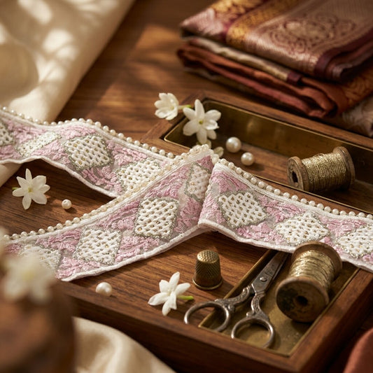 Sanskriti Vintage Pink -Net 1 YD Sari Border Embroidered Craft Trim Lace Ribbon