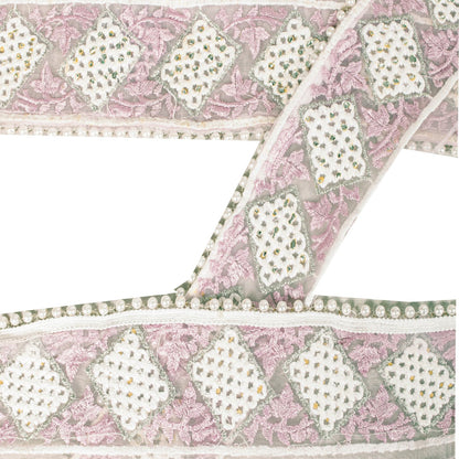 Sanskriti Vintage Pink -Net 1 YD Sari Border Embroidered Craft Trim Lace Ribbon