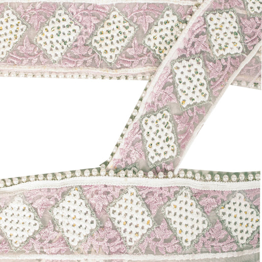 Sanskriti Vintage Pink -Net 1 YD Sari Border Embroidered Craft Trim Lace Ribbon