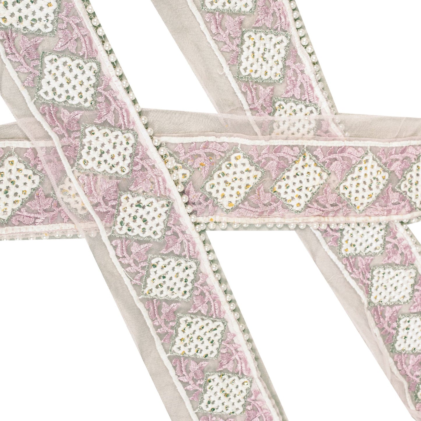 Sanskriti Vintage Pink -Net 1 YD Sari Border Embroidered Craft Trim Lace Ribbon