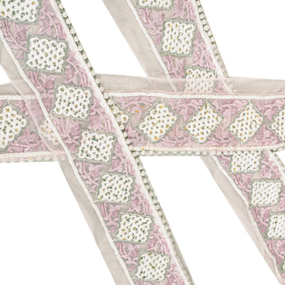 Sanskriti Vintage Pink -Net 1 YD Sari Border Embroidered Craft Trim Lace Ribbon