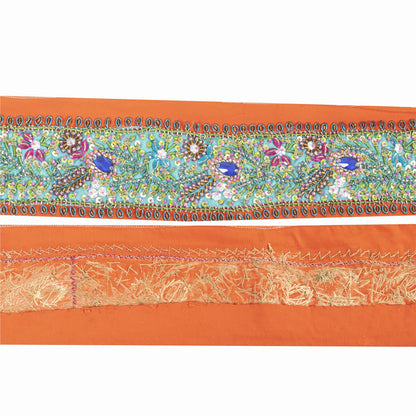 SANSKRITI VINTAGE SARI BORDER HAND BEADED CRAFT 1YD TRIMS LACE 3'W GREEN ORANGE