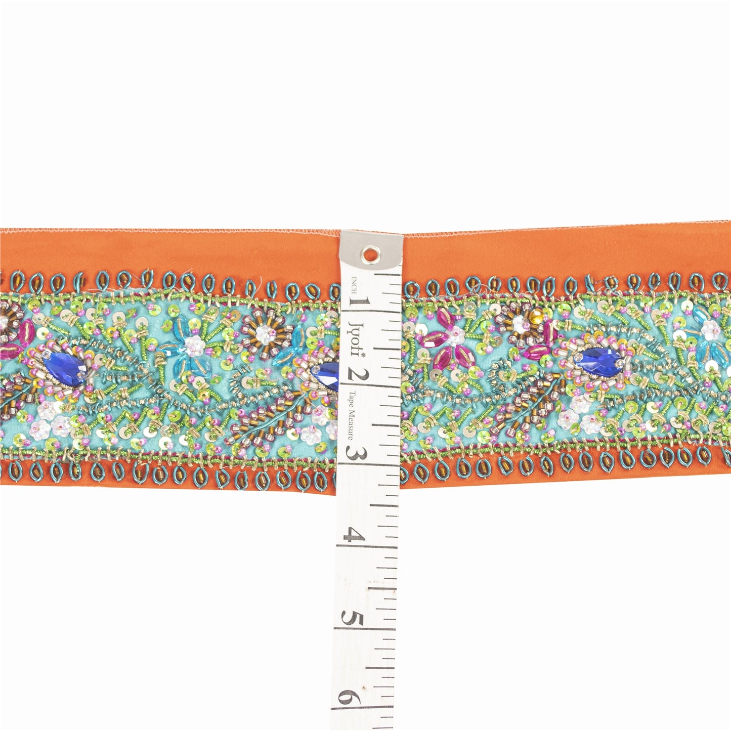 SANSKRITI VINTAGE SARI BORDER HAND BEADED CRAFT 1YD TRIMS LACE 3'W GREEN ORANGE