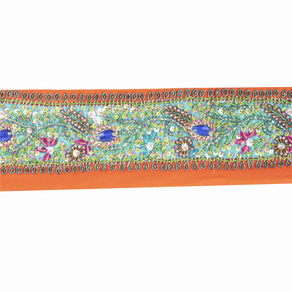 SANSKRITI VINTAGE SARI BORDER HAND BEADED CRAFT 1YD TRIMS LACE 3'W GREEN ORANGE