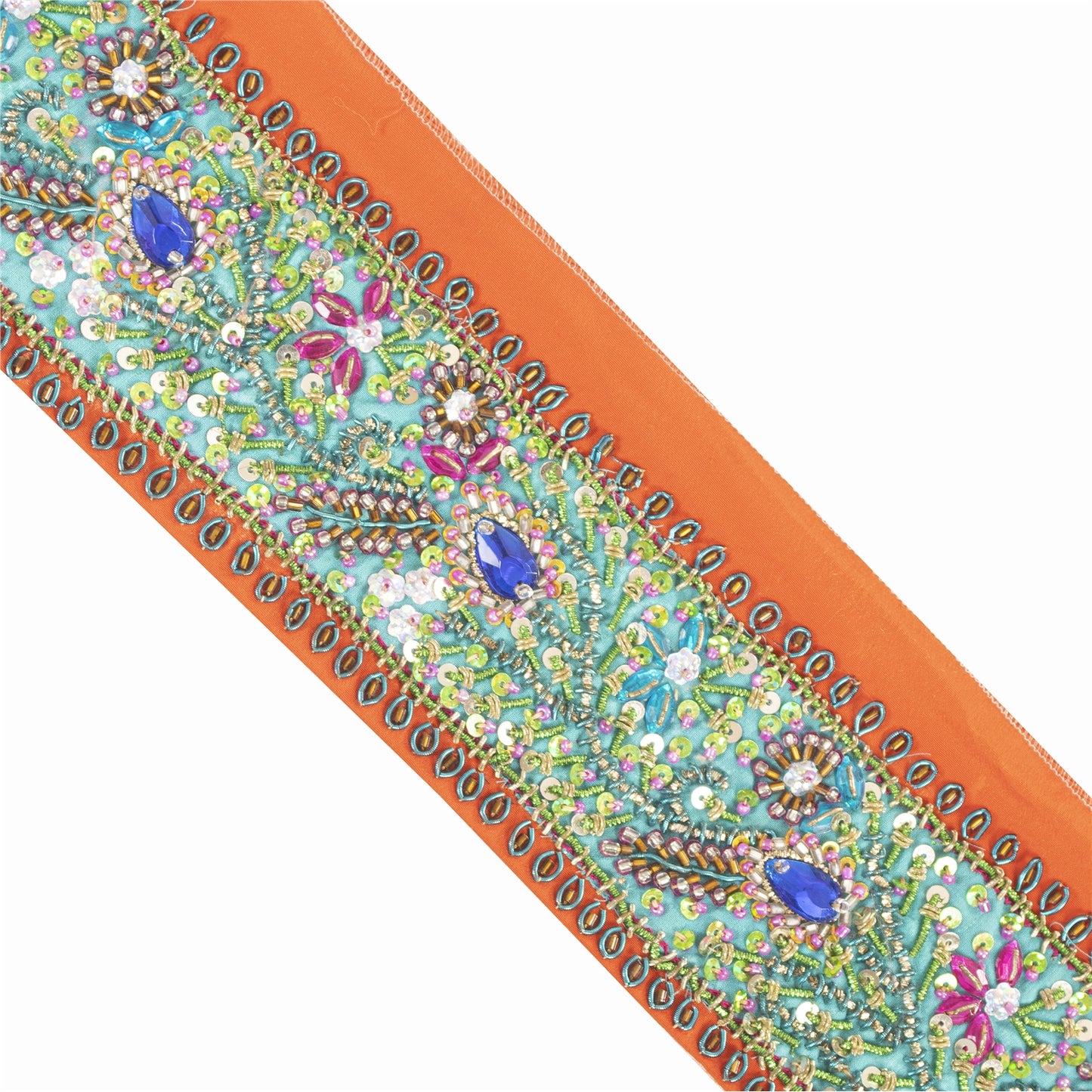 SANSKRITI VINTAGE SARI BORDER HAND BEADED CRAFT 1YD TRIMS LACE 3'W GREEN ORANGE