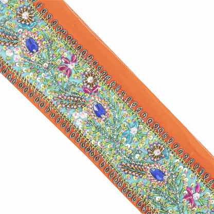 SANSKRITI VINTAGE SARI BORDER HAND BEADED CRAFT 1YD TRIMS LACE 3'W GREEN ORANGE