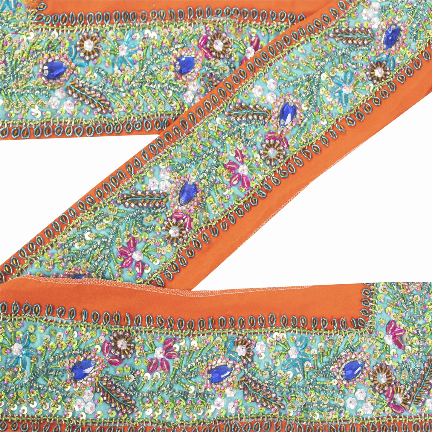 SANSKRITI VINTAGE SARI BORDER HAND BEADED CRAFT 1YD TRIMS LACE 3'W GREEN ORANGE