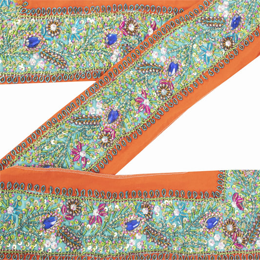 SANSKRITI VINTAGE SARI BORDER HAND BEADED CRAFT 1YD TRIMS LACE 3'W GREEN ORANGE