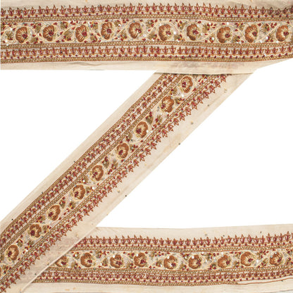 Sanskriti Vintage Cream Georgette 1 Yard Sari Border Hand Embroidered Trim Lace
