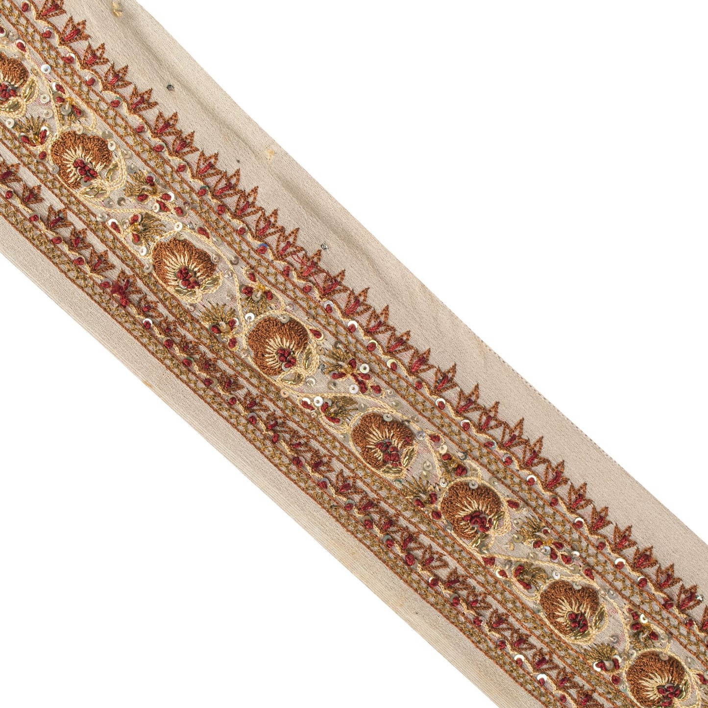 Sanskriti Vintage Cream Georgette 1 Yard Sari Border Hand Embroidered Trim Lace