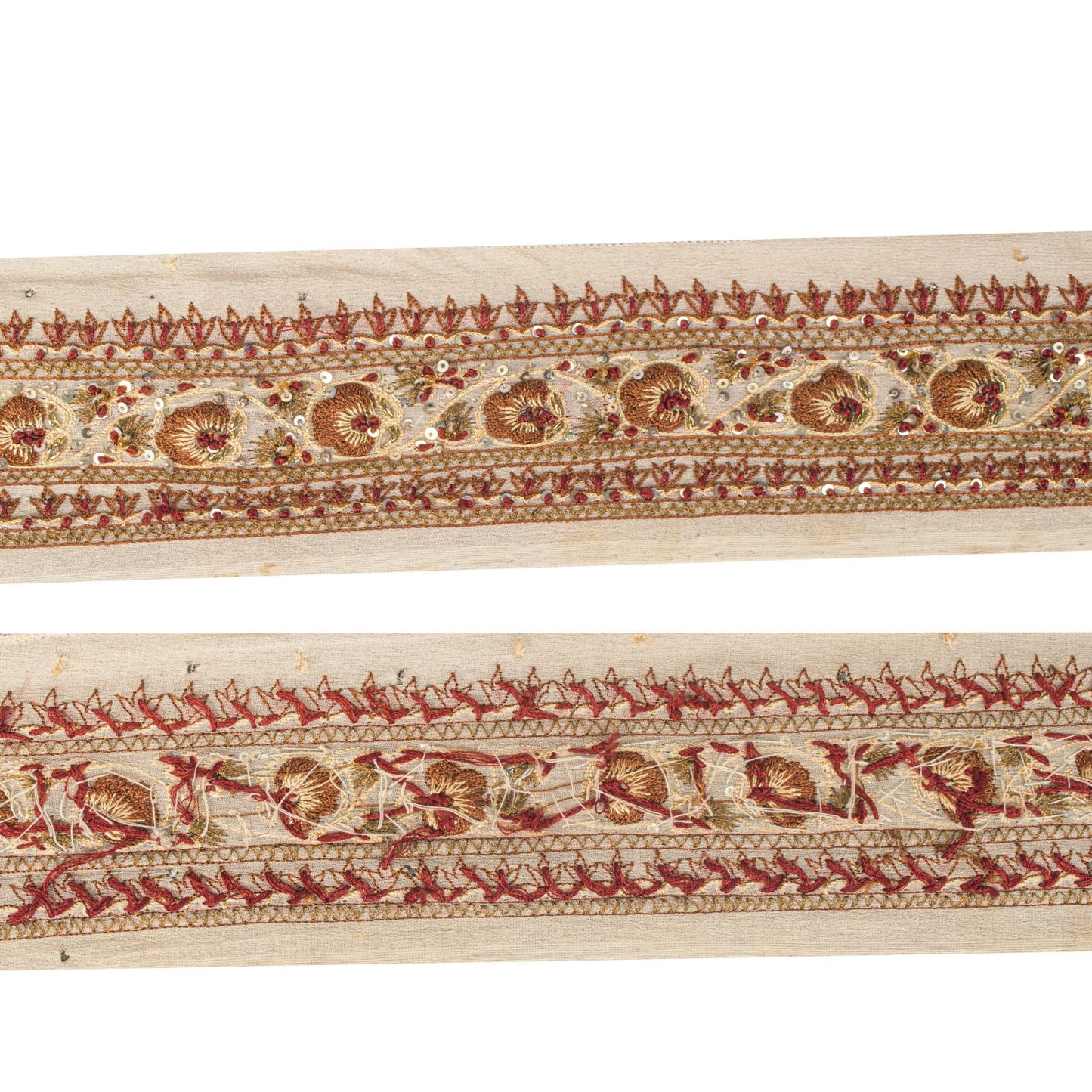 Sanskriti Vintage Cream Georgette 1 Yard Sari Border Hand Embroidered Trim Lace