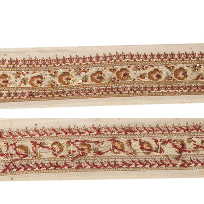 Sanskriti Vintage Cream Georgette 1 Yard Sari Border Hand Embroidered Trim Lace