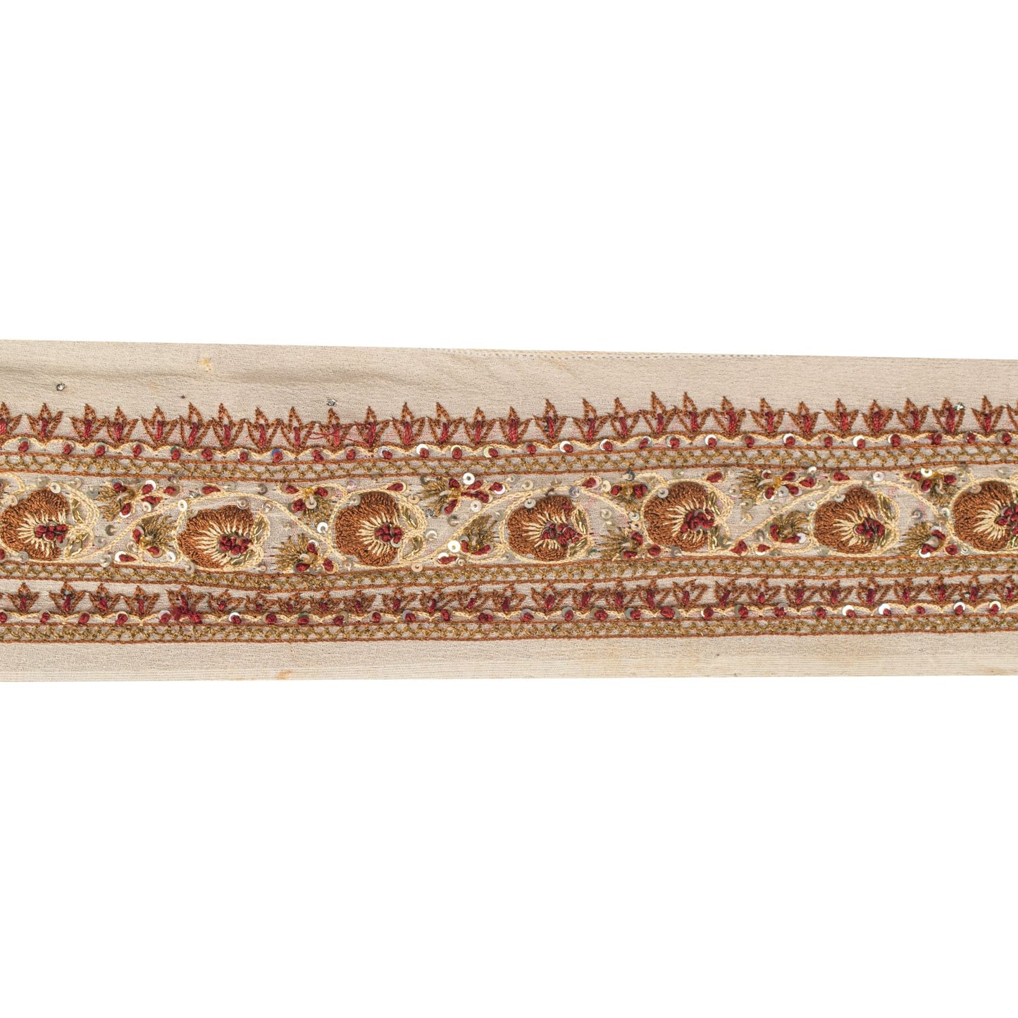 Sanskriti Vintage Cream Georgette 1 Yard Sari Border Hand Embroidered Trim Lace