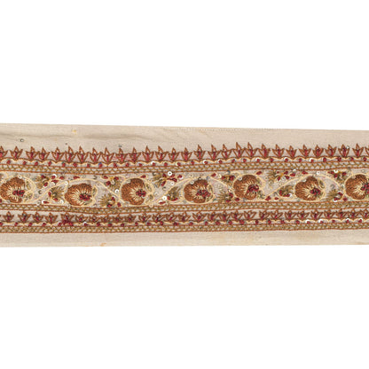 Sanskriti Vintage Cream Georgette 1 Yard Sari Border Hand Embroidered Trim Lace