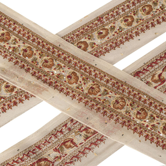 Sanskriti Vintage Cream Georgette 1 Yard Sari Border Hand Embroidered Trim Lace