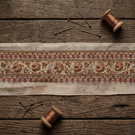 Sanskriti Vintage Cream Georgette 1 Yard Sari Border Hand Embroidered Trim Lace