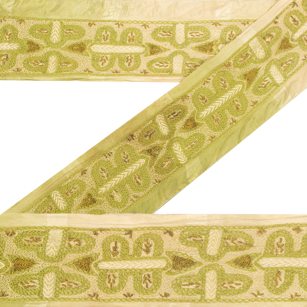 Sanskriti Vintage Craft Trims Lace Saree 1YD Border Green Hand Embroidered Dabka