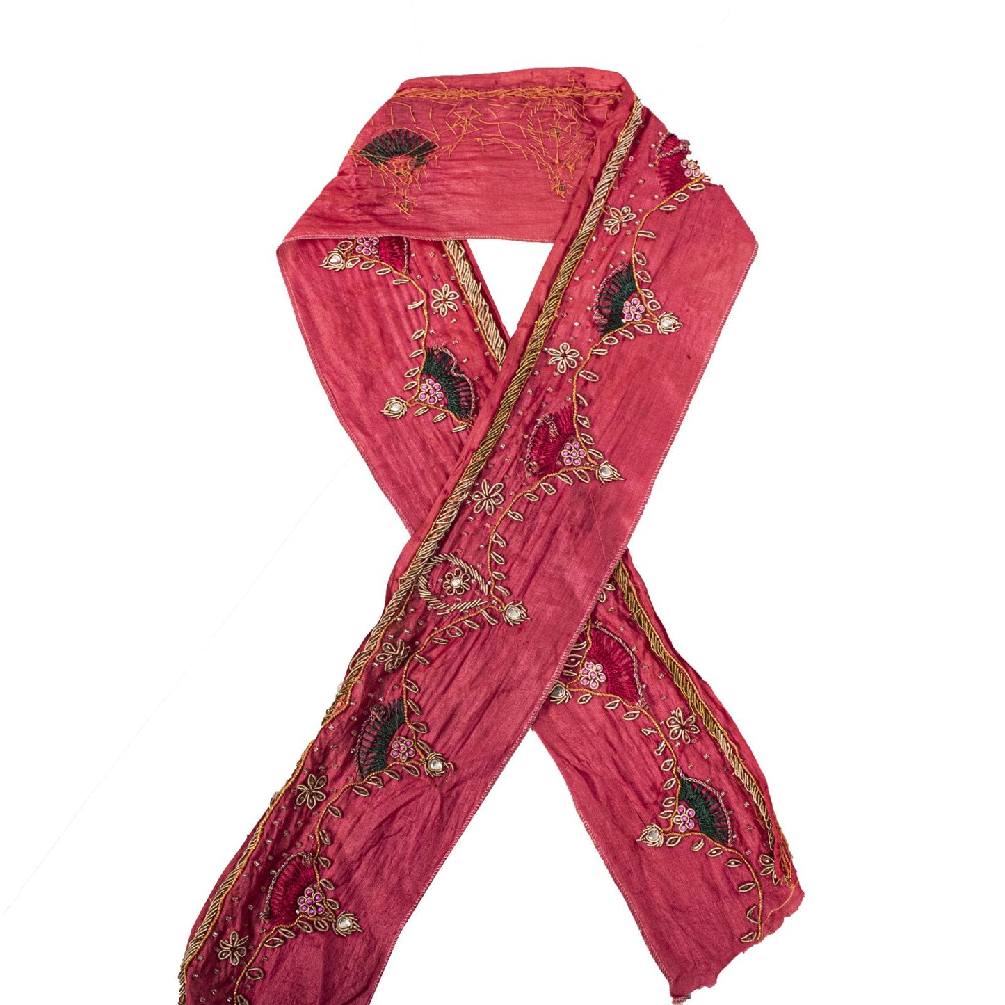 Sanskriti Vintage 1Yd 3.7"W Sari Border Red Pure Silk Hand Embroidery Craft Lace