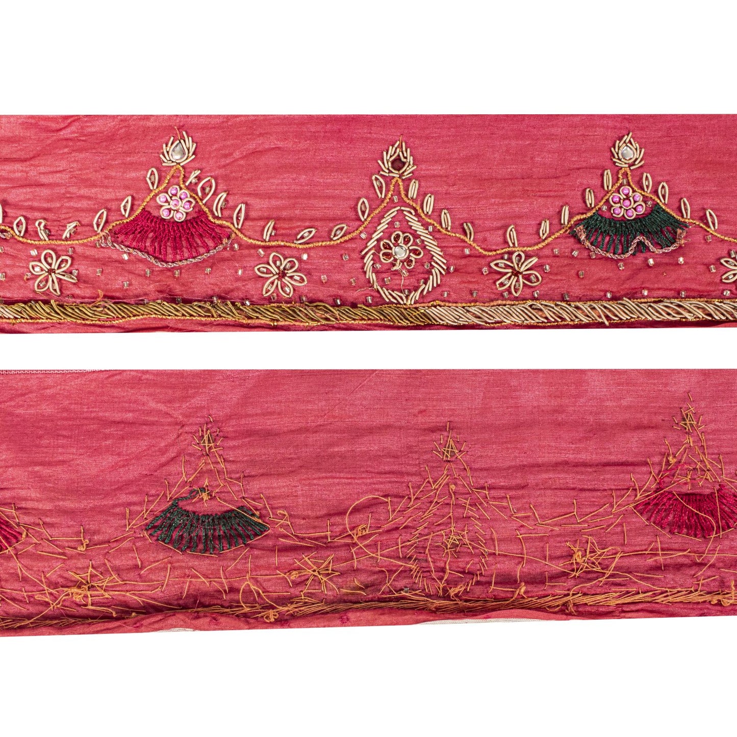 Sanskriti Vintage 1Yd 3.7"W Sari Border Red Pure Silk Hand Embroidery Craft Lace