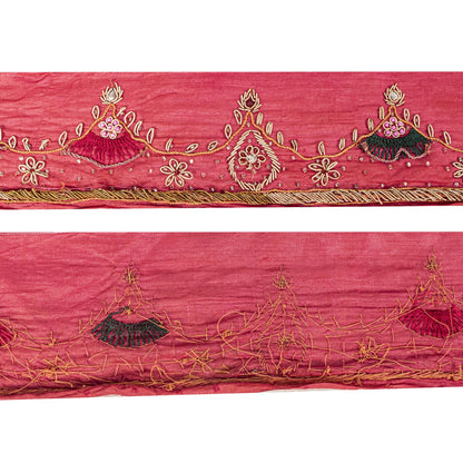 Sanskriti Vintage 1Yd 3.7"W Sari Border Red Pure Silk Hand Embroidery Craft Lace