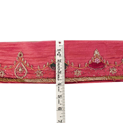 Sanskriti Vintage 1Yd 3.7"W Sari Border Red Pure Silk Hand Embroidery Craft Lace