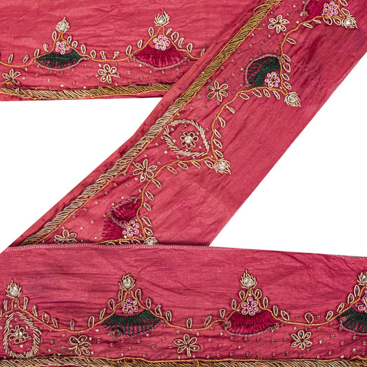 Sanskriti Vintage 1Yd 3.7"W Sari Border Red Pure Silk Hand Embroidery Craft Lace