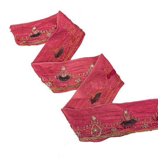Sanskriti Vintage 1Yd 3.7"W Sari Border Red Pure Silk Hand Embroidery Craft Lace