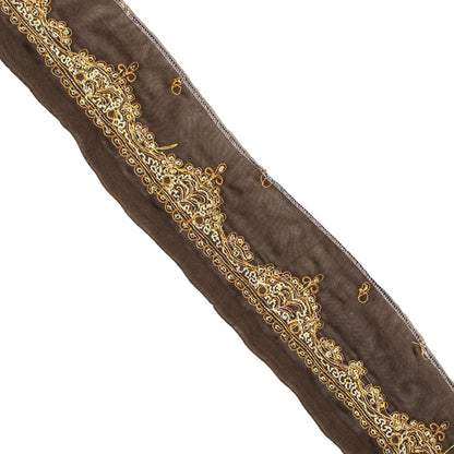 Sanskriti Vintage Sari Border Hand Embroidered Craft Trims 1 Yard Ribbon Brown