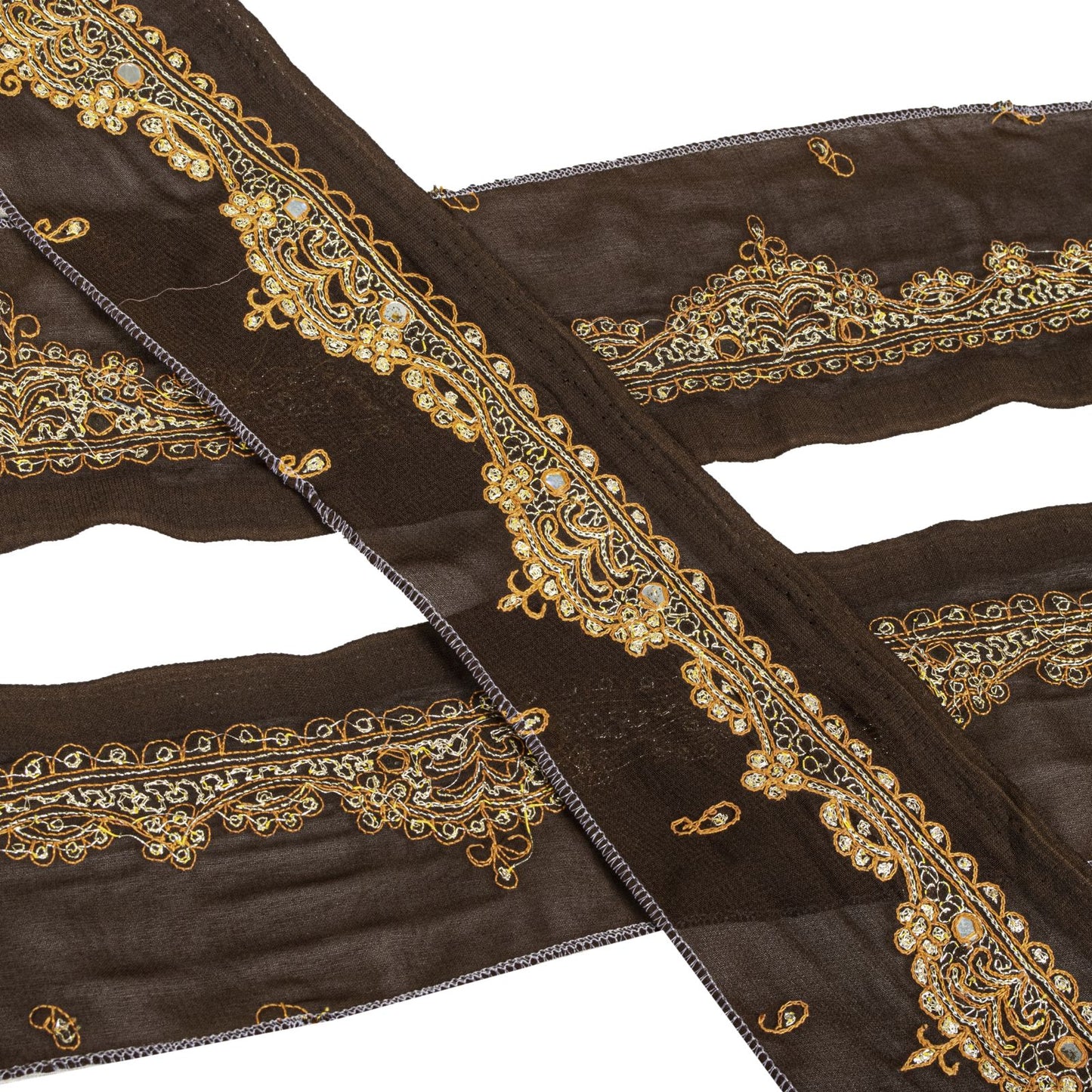 Sanskriti Vintage Sari Border Hand Embroidered Craft Trims 1 Yard Ribbon Brown