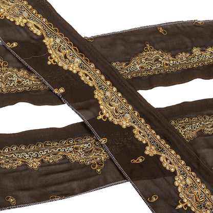 Sanskriti Vintage Sari Border Hand Embroidered Craft Trims 1 Yard Ribbon Brown