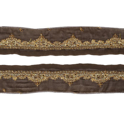 Sanskriti Vintage Sari Border Hand Embroidered Craft Trims 1 Yard Ribbon Brown