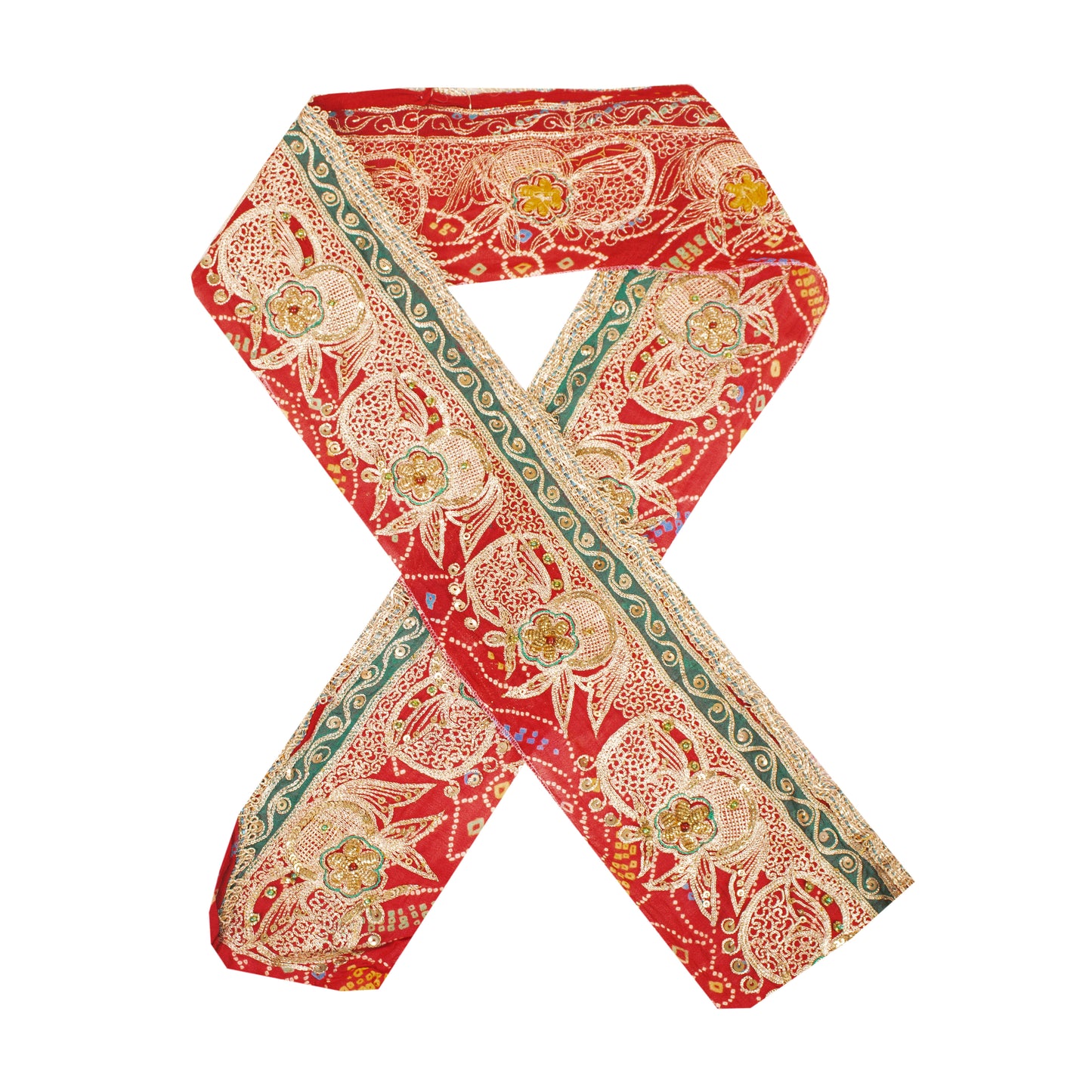 Sanskriti Vintage Craft Trims Lace Sari 1YD Border Red Bandhani Hand Bead Dabka