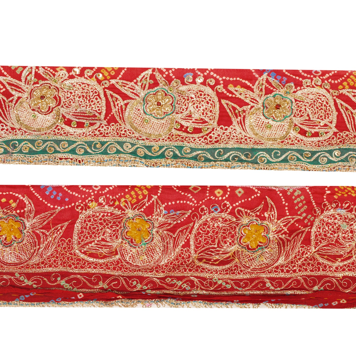 Sanskriti Vintage Craft Trims Lace Sari 1YD Border Red Bandhani Hand Bead Dabka
