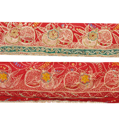 Sanskriti Vintage Craft Trims Lace Sari 1YD Border Red Bandhani Hand Bead Dabka
