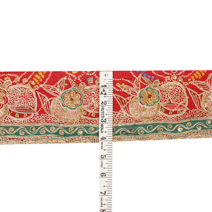 Sanskriti Vintage Craft Trims Lace Sari 1YD Border Red Bandhani Hand Bead Dabka