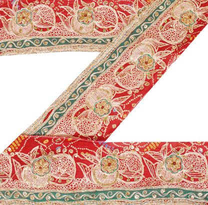 Sanskriti Vintage Craft Trims Lace Sari 1YD Border Red Bandhani Hand Bead Dabka