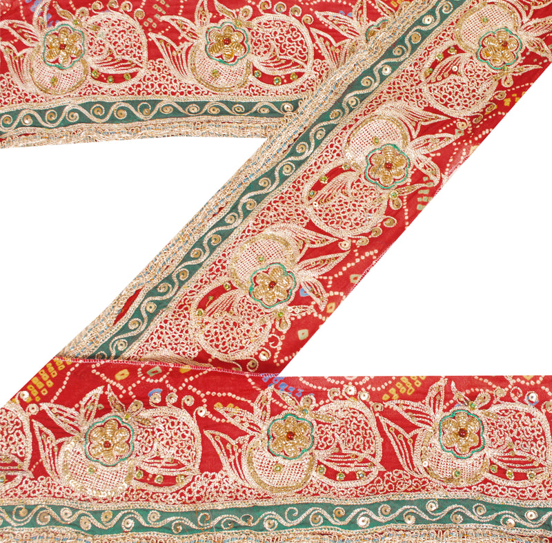Sanskriti Vintage Saree Border Craft Trims 1Yd Red Bandhani Sarees Lace Hand Bead Dabka Pure Silk 4W Sari Ribbon upholstery fabric