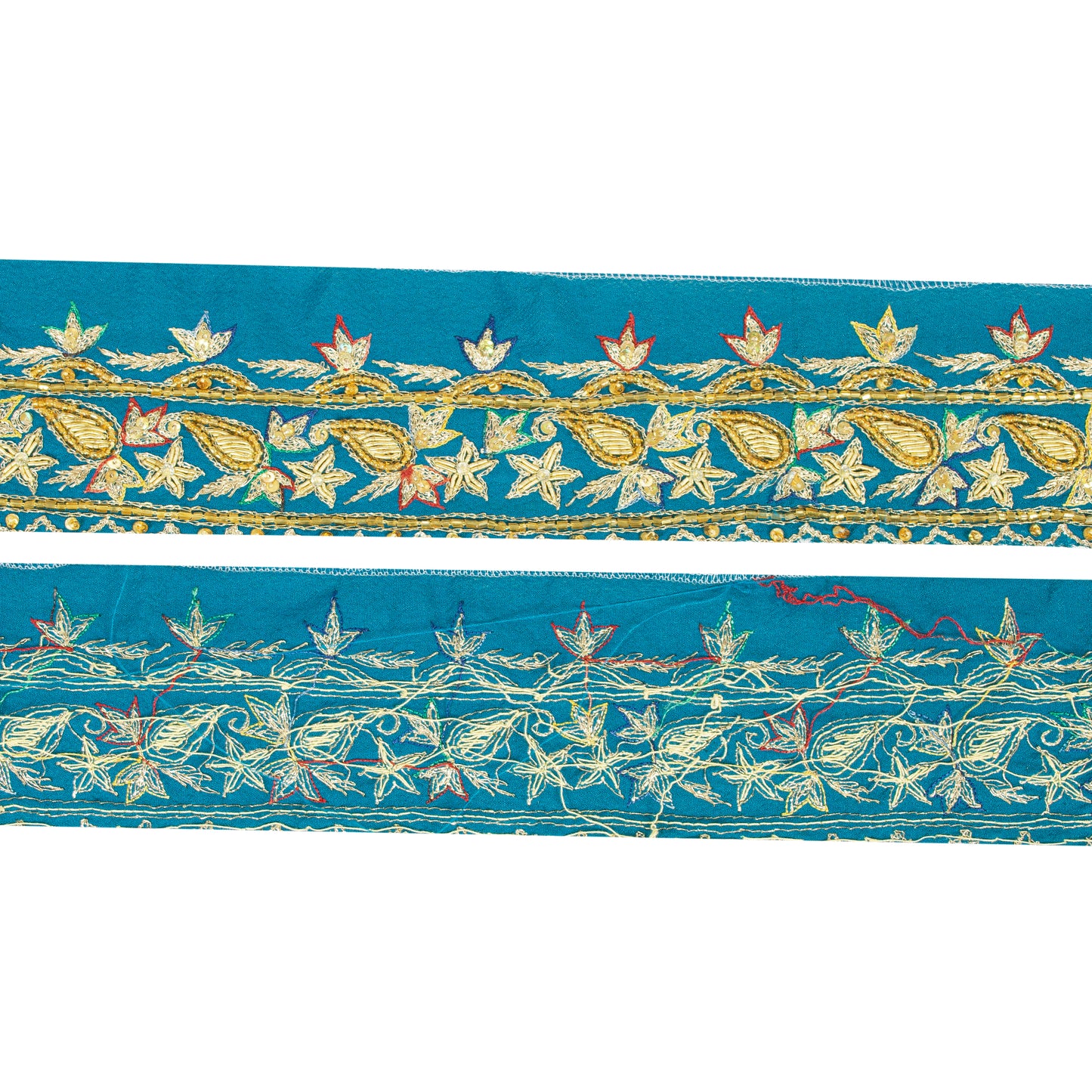 Sanskriti Vintage Sari Border 1 YD Craft Blue Trim Hand Bead Sewing Lace Ribbon