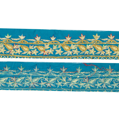Sanskriti Vintage Sari Border 1 YD Craft Blue Trim Hand Bead Sewing Lace Ribbon