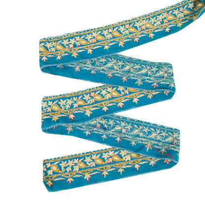 Sanskriti Vintage Sari Border 1 YD Craft Blue Trim Hand Bead Sewing Lace Ribbon