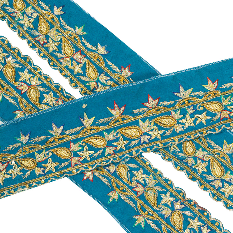 Sanskriti Vintage Sari Border 1 YD Craft Blue Trim Hand Bead Sewing Lace Ribbon