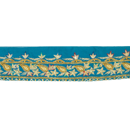 Sanskriti Vintage Sari Border 1 YD Craft Blue Trim Hand Bead Sewing Lace Ribbon