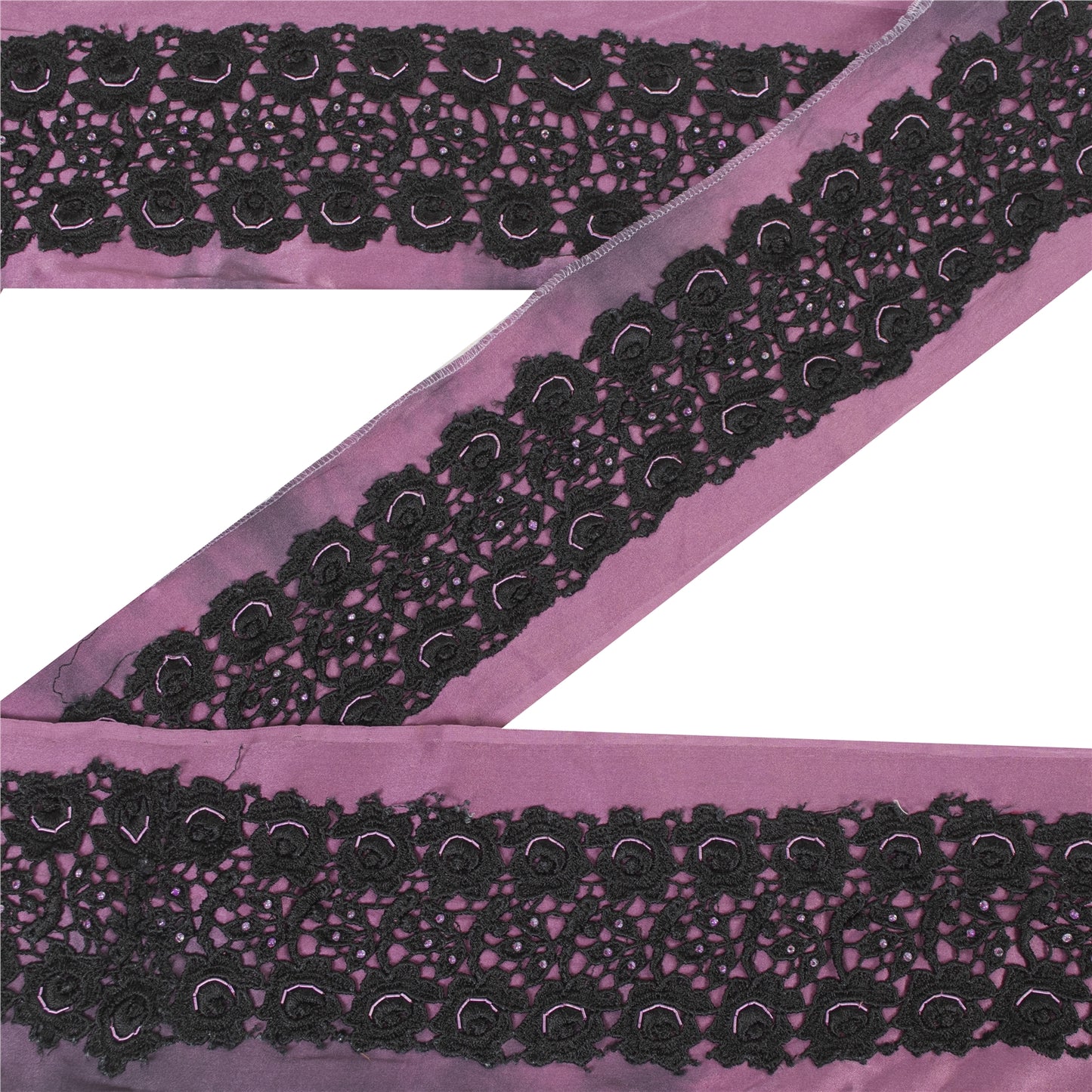 Sanskriti Vintage Sari Border Hand Bead Cut Work Zari 1YD Craft Trim Purple Lace