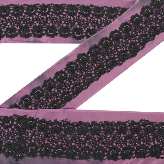 Sanskriti Vintage Sari Border Hand Bead Cut Work Zari 1YD Craft Trim Purple Lace