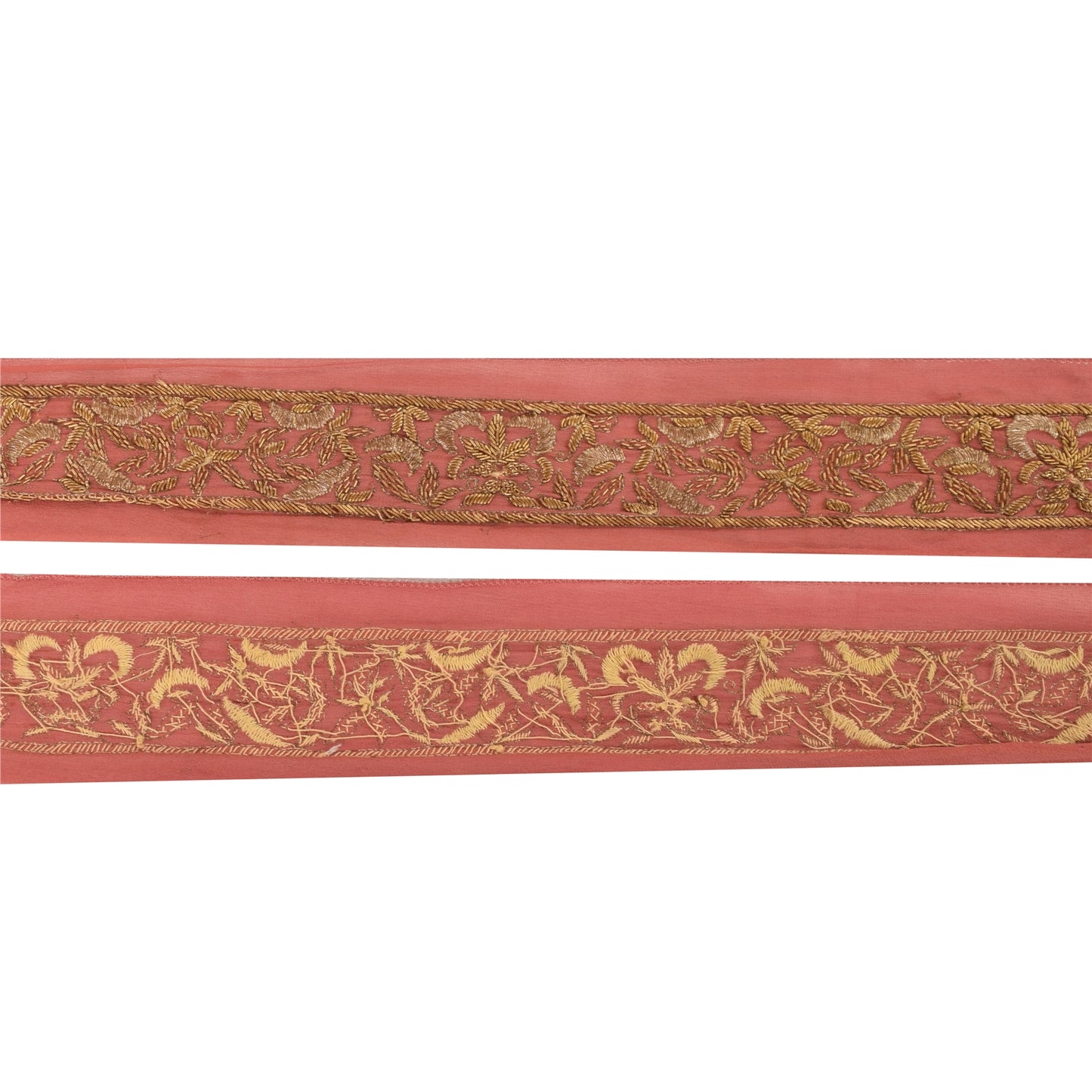 SANSKRITI VINTAGE SARI BORDER HAND BEADED CRAFT 1YD TRIMS SEQUINS LACE 1 YD PINK